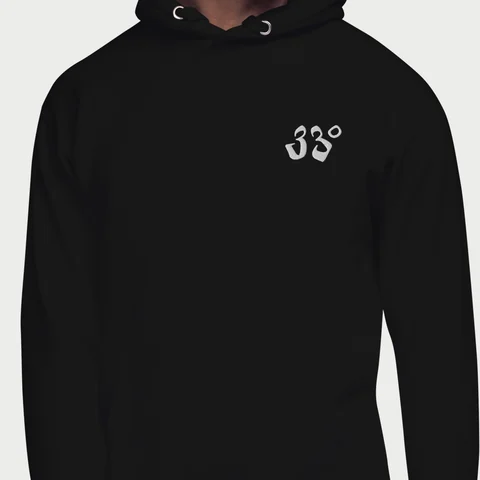 Embroidered Mark Hoodie – Black, on model, front