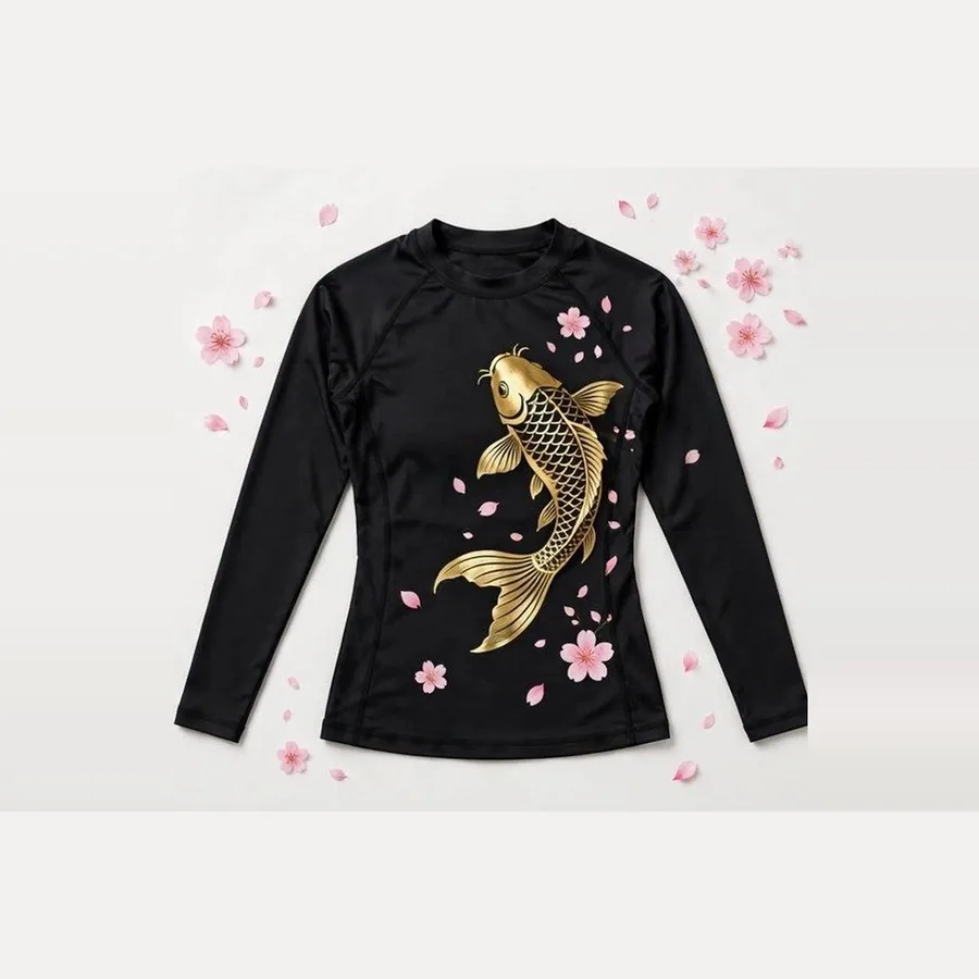 Golden Koi Women's Rash Guard, Black / gold / pink