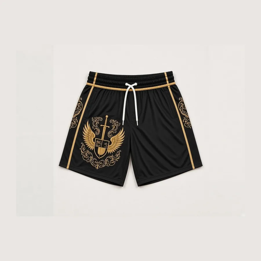 Sword and Wings Crest Shorts, Black / gold