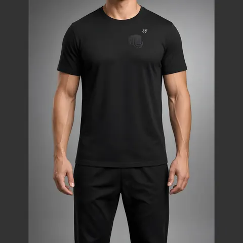Tonal Fist Tee, Black, on model, front