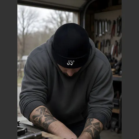 33 Degrees Construction Cuff Beanie – on-model front view